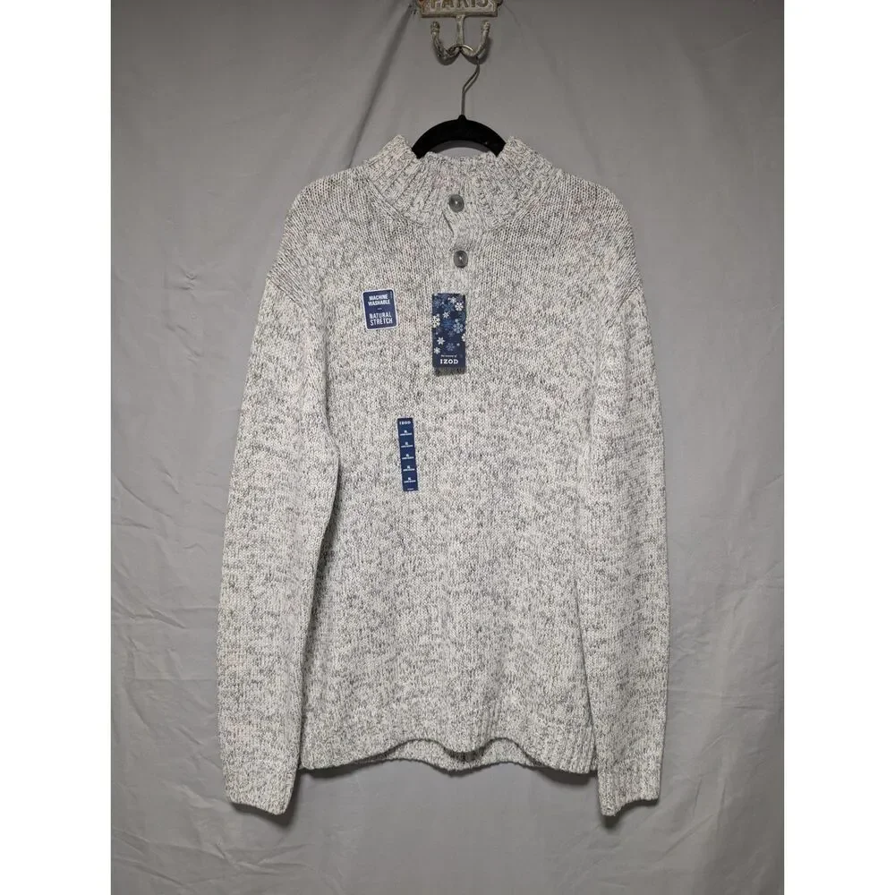 Izod Whisper White Marled Knit Mock Neck Cotton Sweater Quarter Button New‎ XL